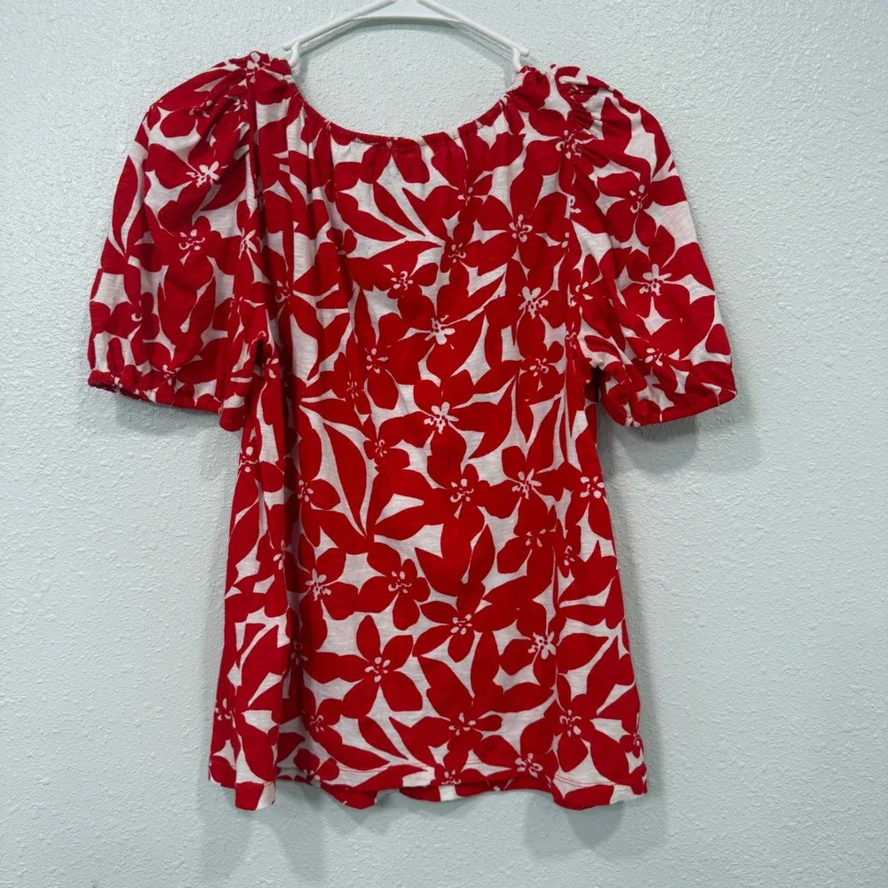 Loft Red‎ White Floral V-Neck Puff Sleeve Cotton Slub Knit Top Small